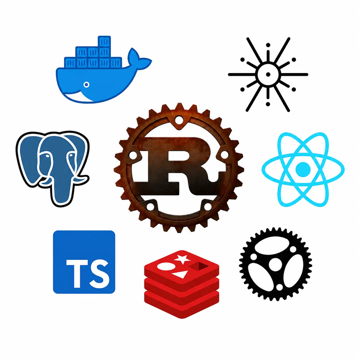 Collage of logos from Rust, TypeScript, Docker, Redis, Actix, Tokio and React.